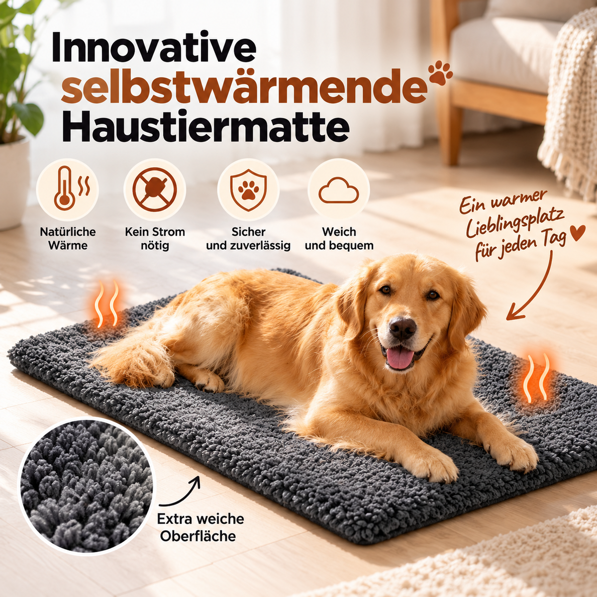 Hund auf der weichen Oberfläche der LIKIRI Wärmematte