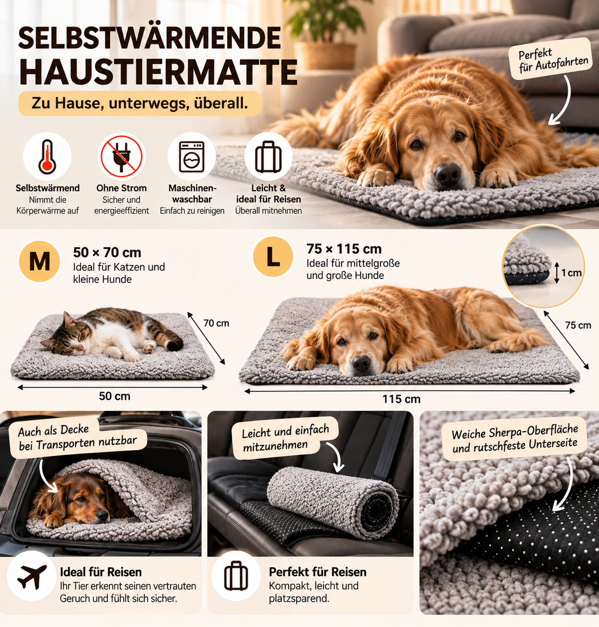 Selbstwärmende Matte für Katzen und Hunde